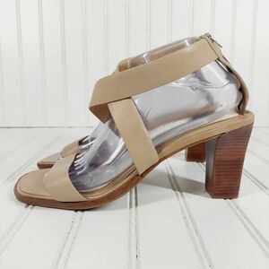 Nicole Fracture Tan Leather Block Wood Heel Back Zipper Strappy Sandals Y2k A674